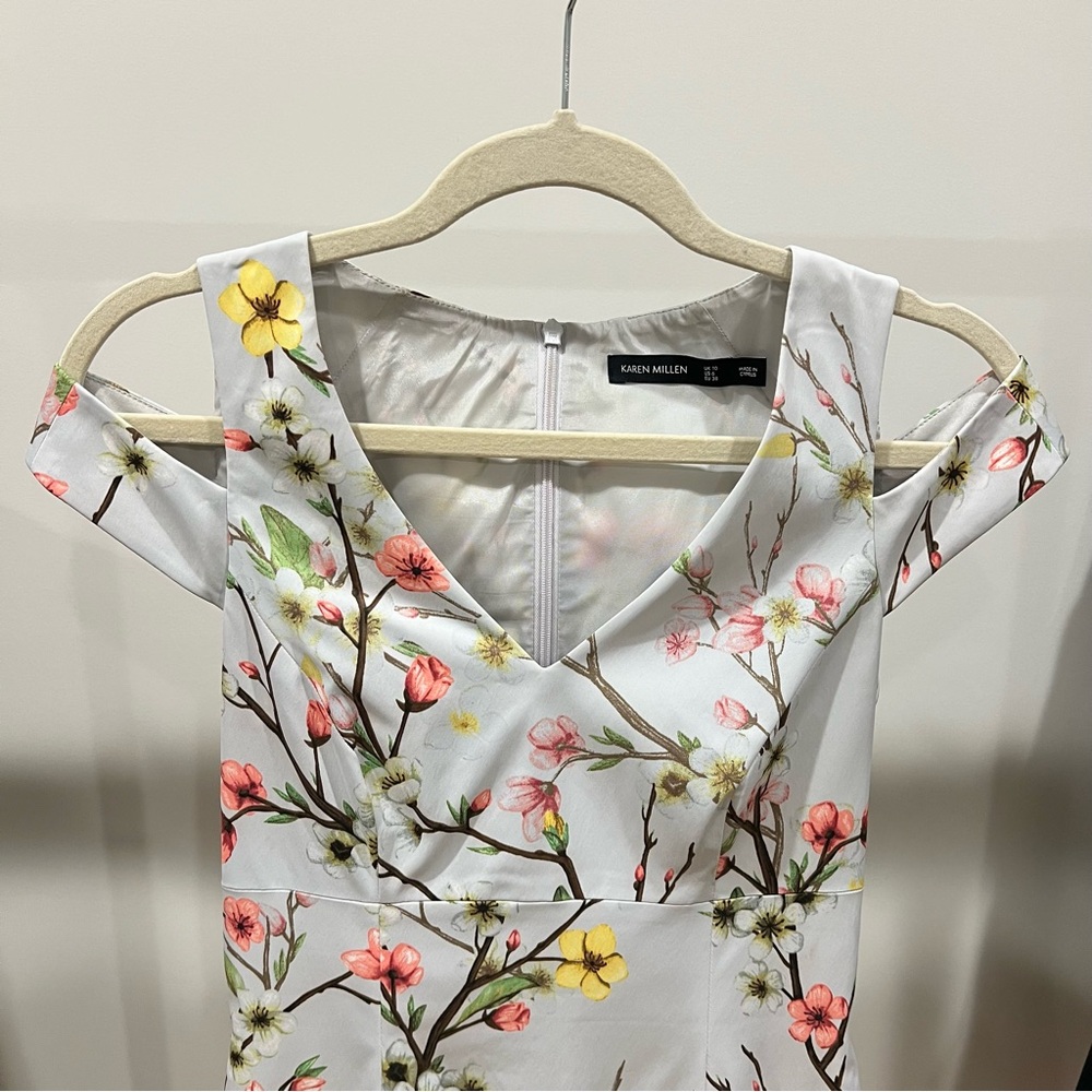 Karen Millen White Floral V-Neck Dress with Pink & Yellow Blossoms